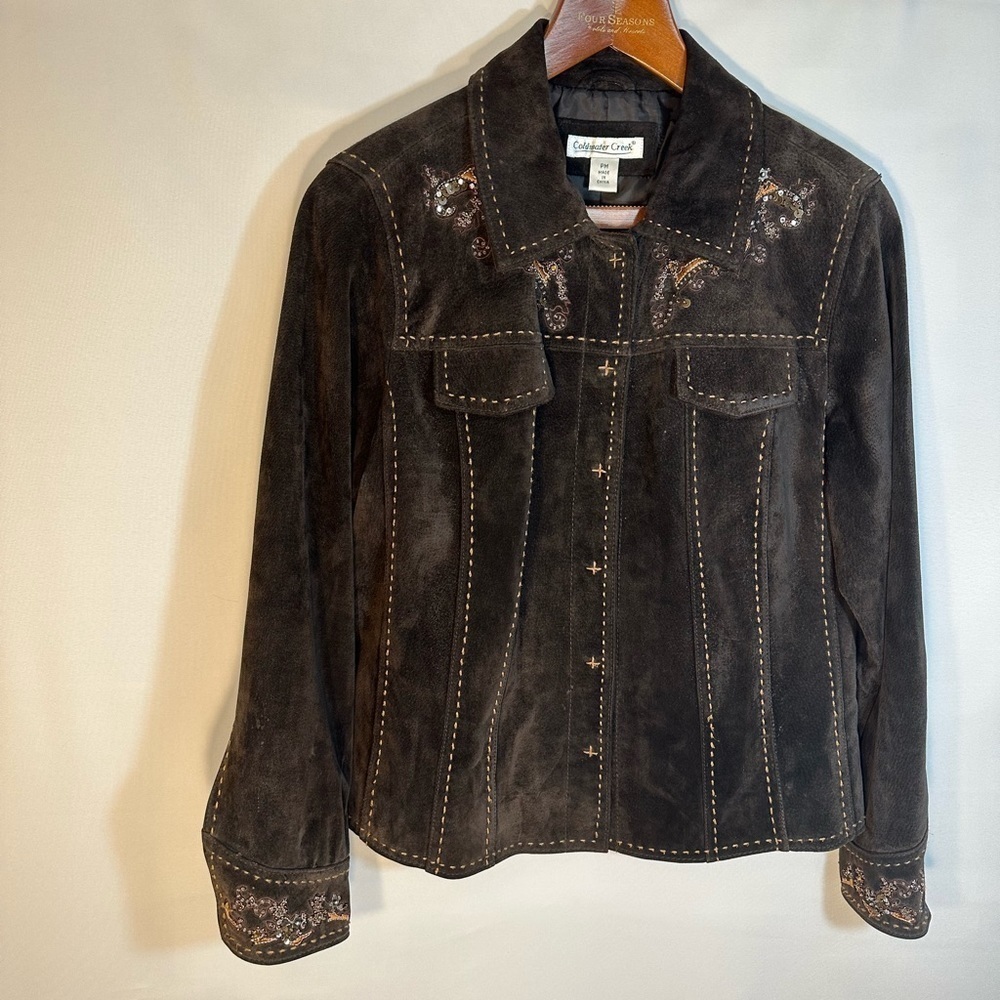 Coldwater Creek Brown Leather Suede Embroidered Beaded Sequins Jacket Lined PM